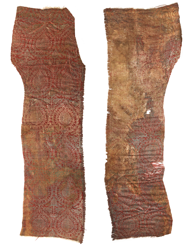 A SET OF ILKHANID SILK LAMPAS TEXTILE FRAGMENTS, CENTRAL ASIA, 13TH-14TH CENTURY