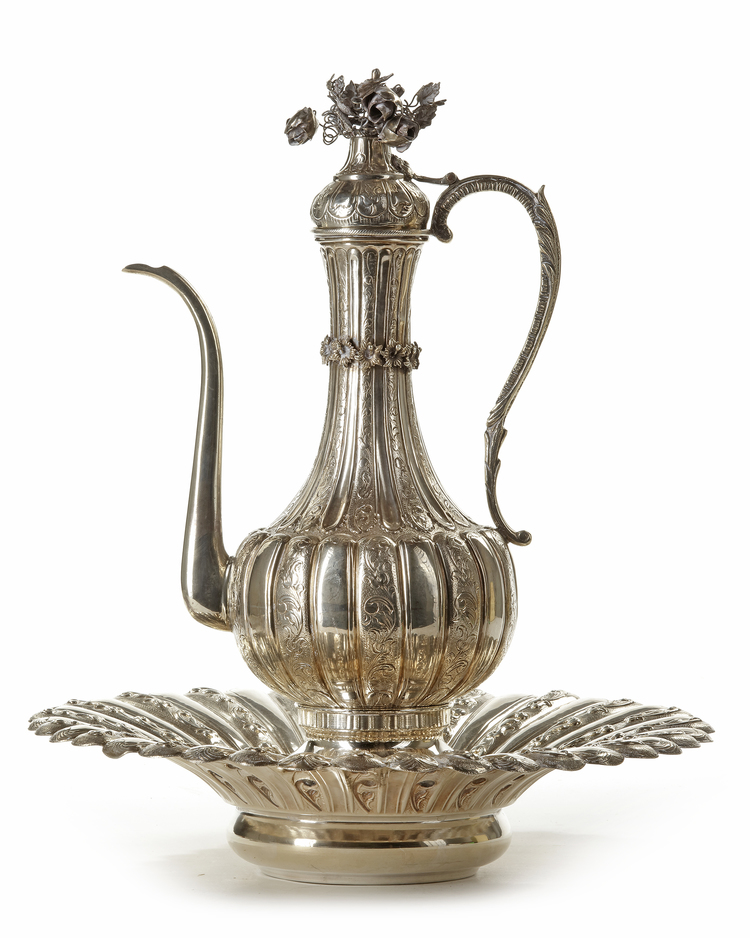 AN OTTOMAN SILVER LOBED EWER AND BASIN, 900 SILVER, 19TH CENTURY
