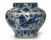 A CHINESE BLUE AND WHITE BUDDHIST LIONS JAR