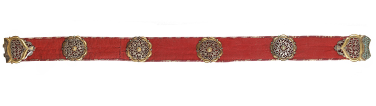 A BUKHARA TURQUOISE-INLAID SILVER-GILT MOUNTED BELT, CENTRAL ASIA, LATE 19TH CENTURY