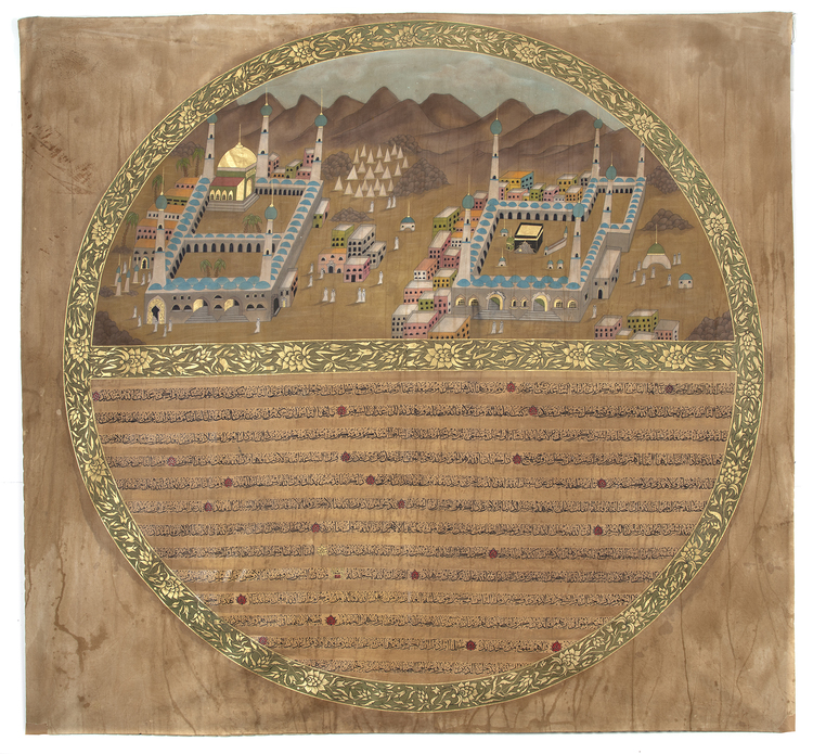 AN OTTOMAN PAINTING ON TEXTILE DEPICTING A VIEW OF MECCA, MEDINA AND MINA, TURKEY, 19TH CENTURY