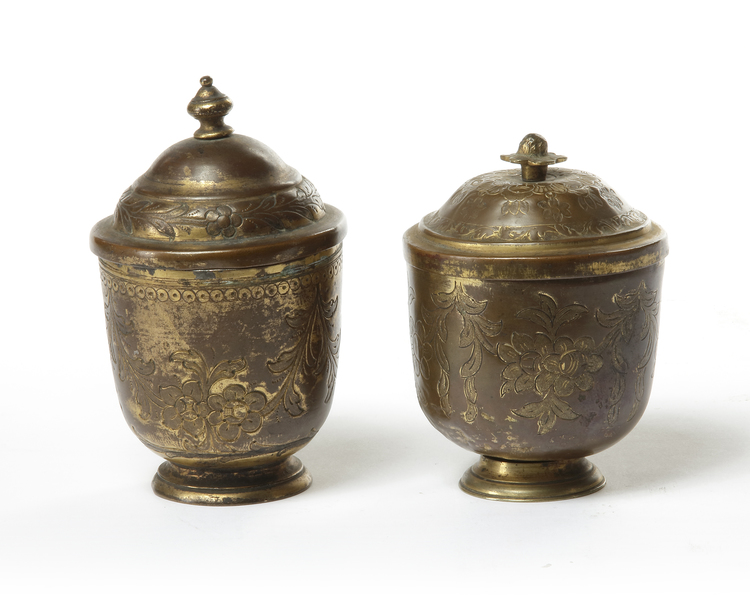 TWO OTTOMAN GILT COPPER TOMBAK LIDDED CUP, TURKEY, 18TH CENTURY