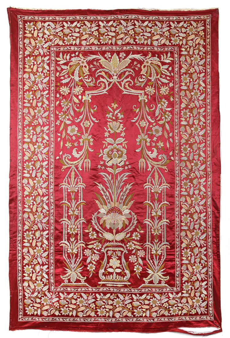 AN OTTOMAN EMBROIDERED RED HANGING PANEL, 20TH CENTURY