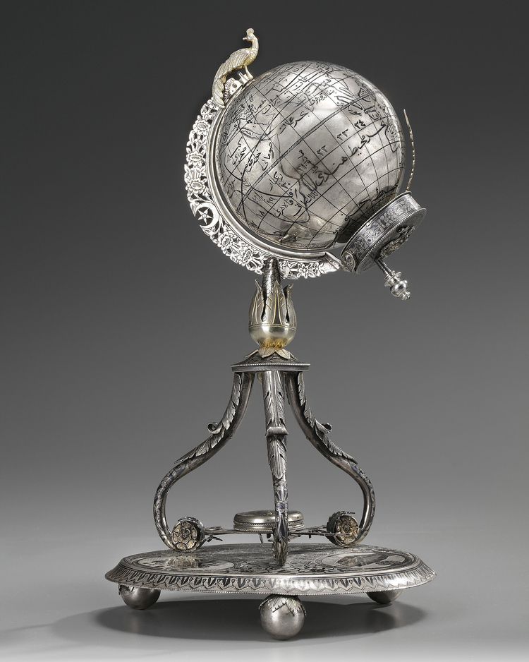 AN OTTOMAN SILVER, NIELLOED AND ENGRAVED GLOBE CLOCK BEARING THE TUGHRA OF SULTAN ABDULHAMID II TURKEY, 19TH CENTURY