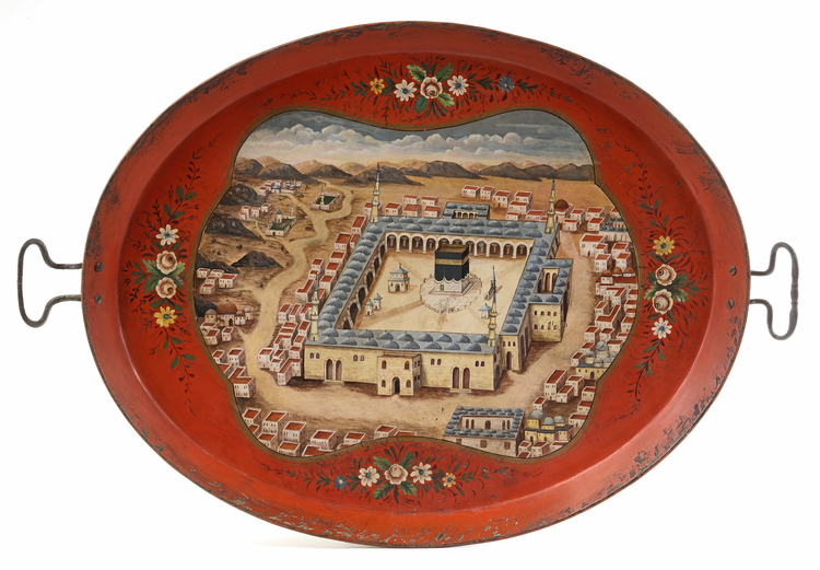AN OTTOMAN PAINTED METAL TRAY WITH A DEPICTION OF THE MASJID AL-HARAM AT MECCA, TURKEY, PROBABLY ISTANBUL, MID 19TH CENTURY