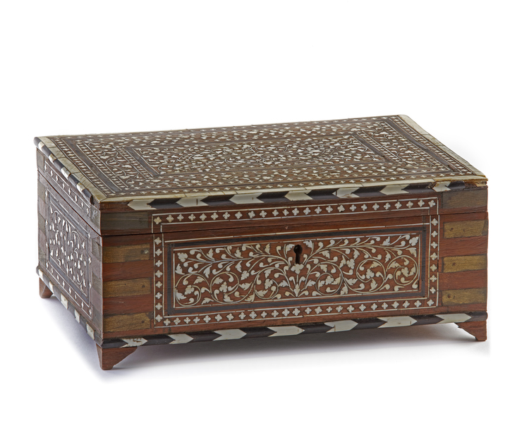 AN ANGLO INDIAN BRASS-BOUNDED IVORY AND WOODEN JEWELLERY BOX, 19TH CENTURY