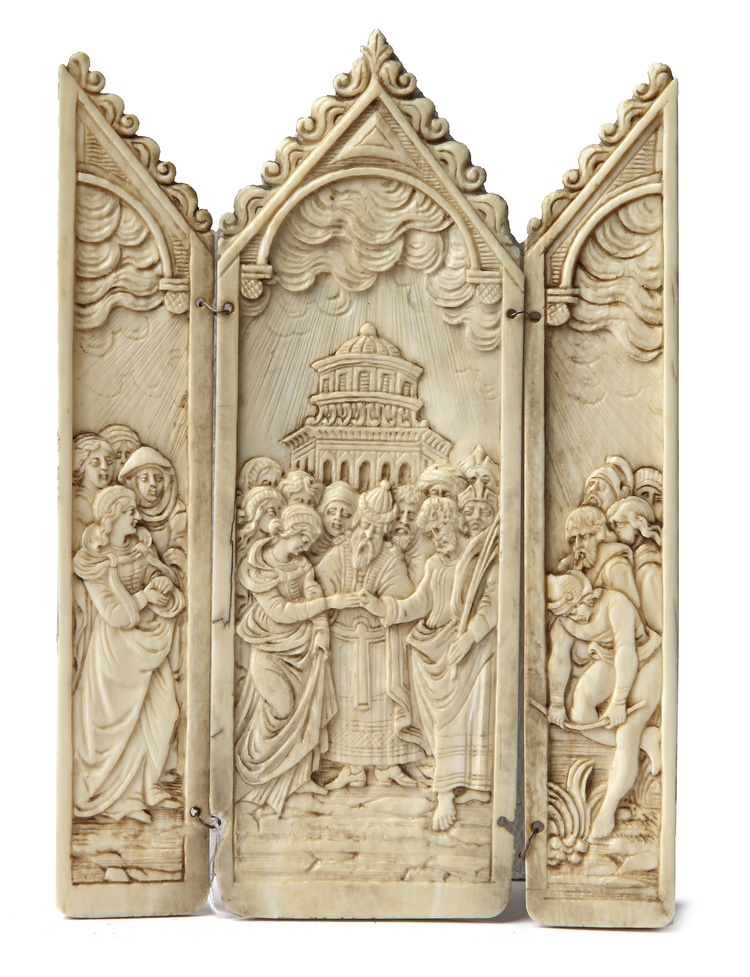 A CARVED IVORY TRIPTYCH, 19TH CENTURY