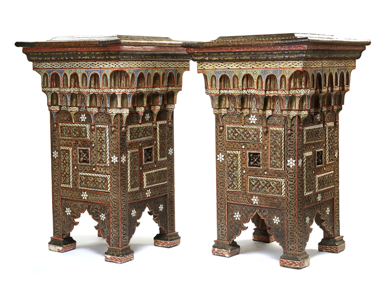 A PAIR OF DAMASCUS BONE-INLAID PAINTED WOOD PLANT STANDS INLAID WITH DAMASCUS POTTERY TILES, SYRIA, 16TH AND 19TH CENTURY