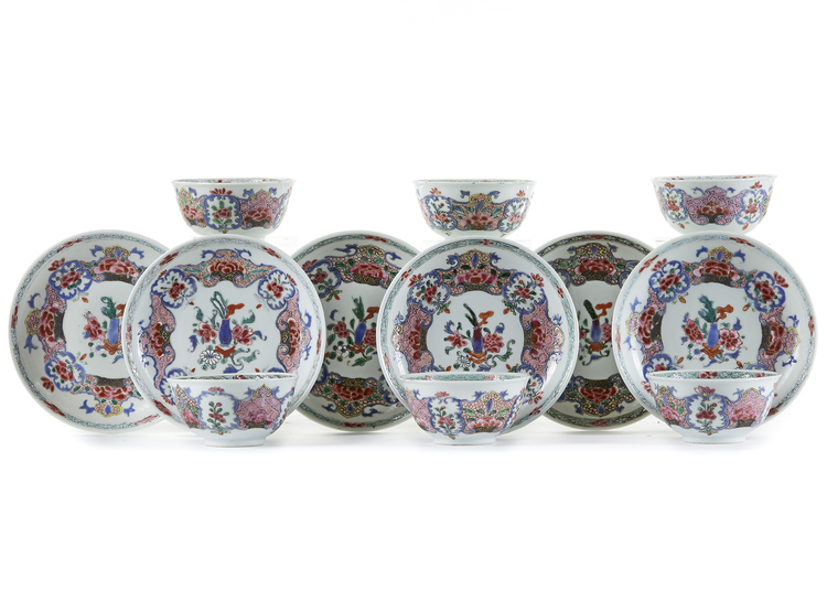 A SET OF SIX CHINESE FAMILLE ROSE CUPS AND SAUCERS, 18TH CENTURY