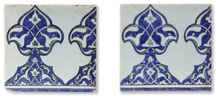 A PAIR OF DAMASCUS UNDERGLAZE PAINTED POTTERY BORDER TILES, SYRIA, 17TH CENTURY
