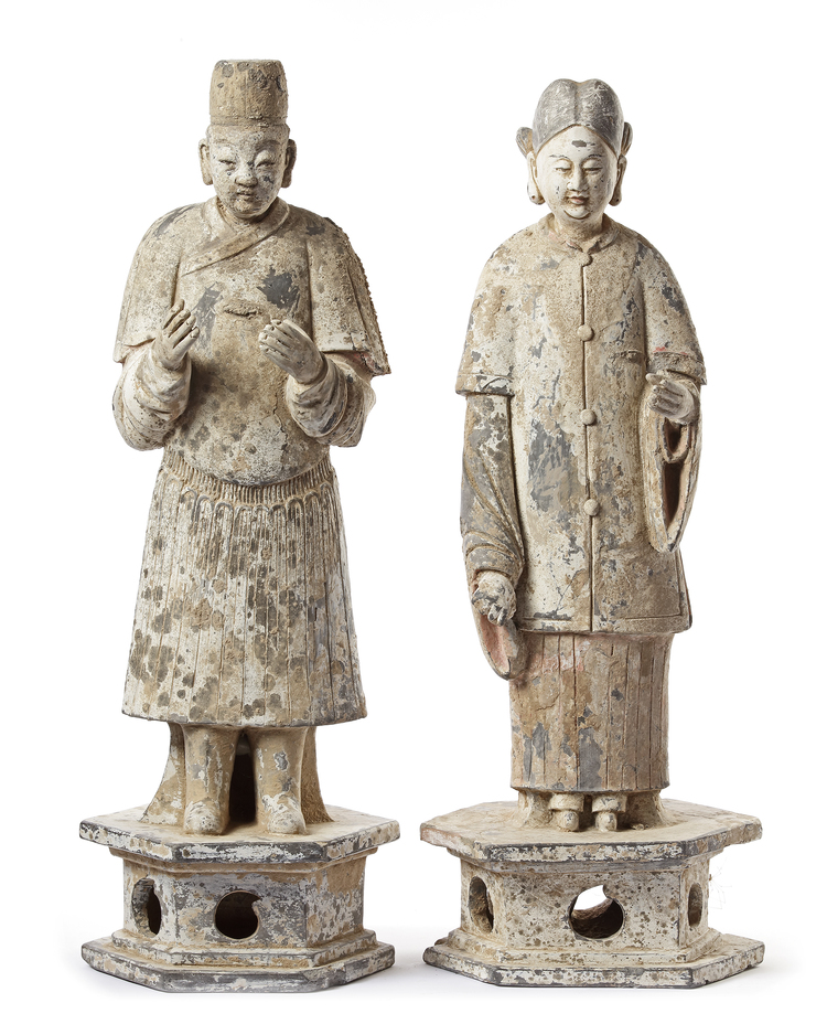 A PAIR OF CHINESE TERRACOTTA ATTENDANTS, MING DYNASTY (1368-1644)