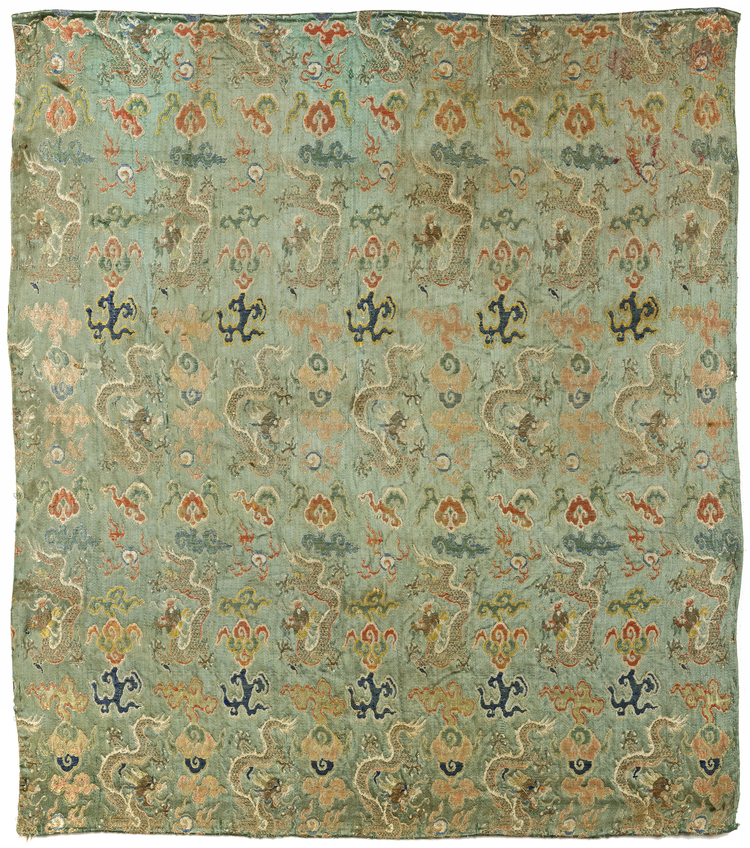 A GREEN-GROUND SILK EMBROIDERED 'DRAGON' PANEL ,18TH CENTURY