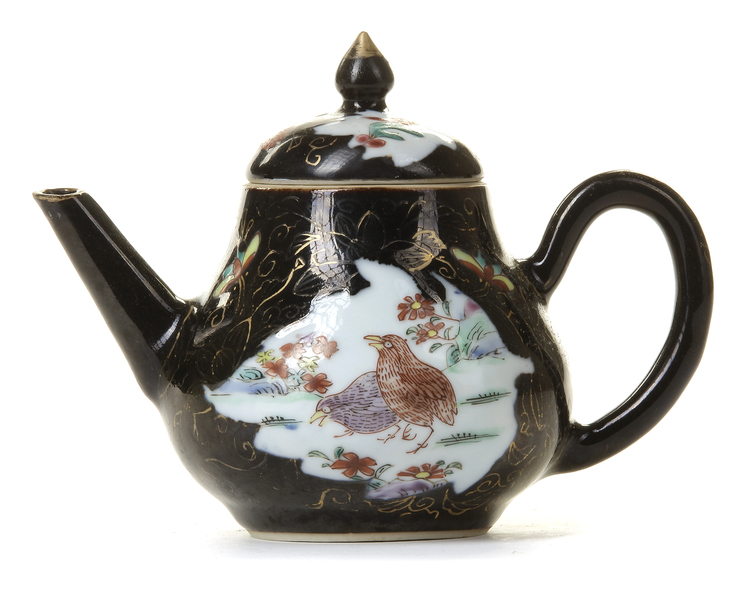 A CHINESE DARK-GROUND FAMILLE ROSE TEAPOT AND COVER, YONGZHENG PERIOD (1723-1735)