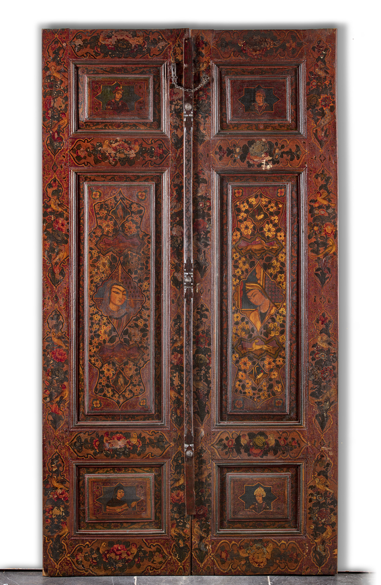 A Pair Of Persian Lacquered Panelled Doors Qajar 19th Century