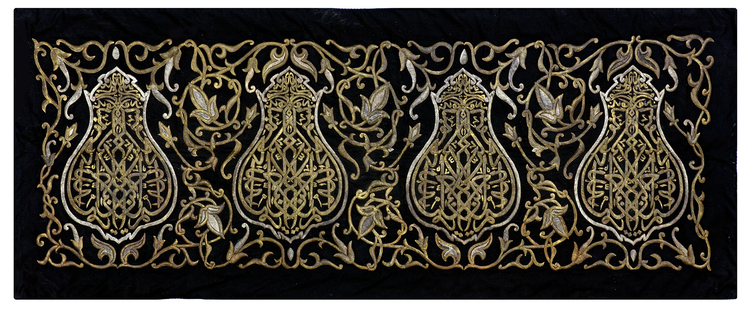 A RECTANGULAR EMBROIDERED PANEL WITH SILVER-GILT THREAD ON A BLACK GROUND, 20TH CENTURY