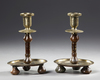 A PAIR OF OTTOMAN INLAID AGATE AND ENGRAVED BRASS DAMASCUS-WARE CANDLESTICKS, SYRIA, EARLY 20TH CENTURY