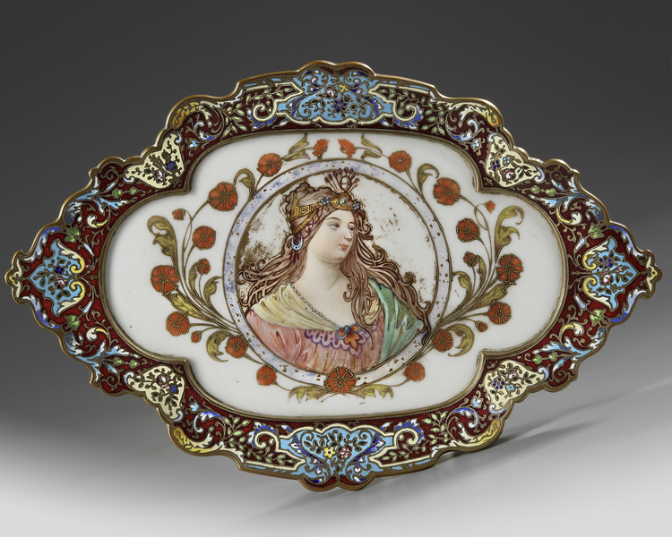 A FRENCH CHAMPLEVÉ ENAMELED GILT BRONZE PLATE, 19TH CENTURY