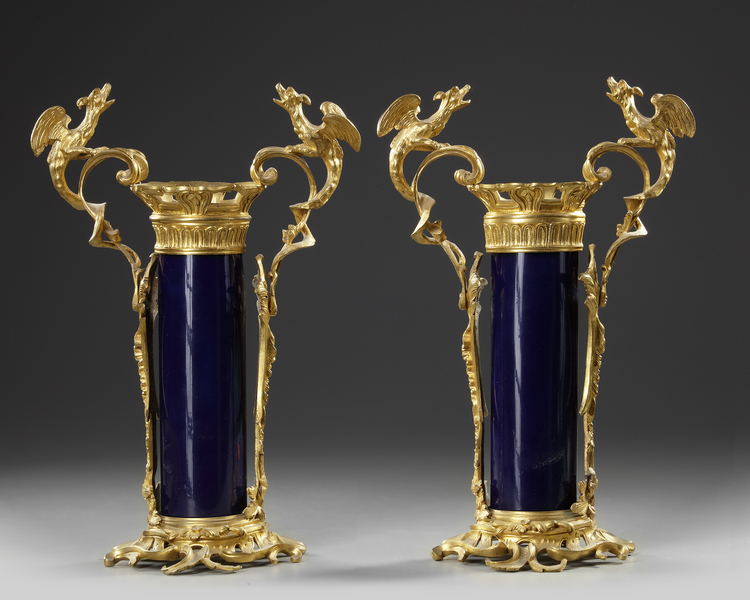 A  PAIR OF FRENCH BLUE PORCELAIN VASES, 19TH CENTURY