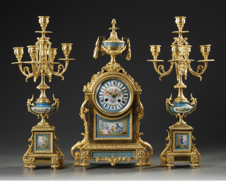 A FRENCH ORMOLU AND BLUE PORCELAIN CLOCK SET, 19TH CENTURY