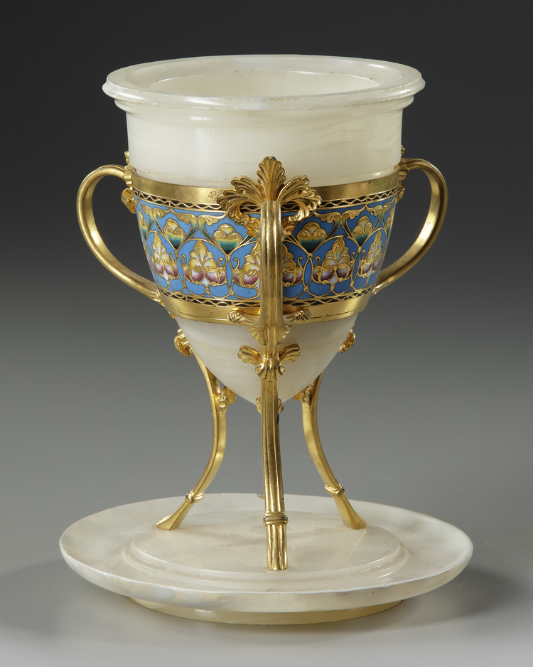 A FRENCH ORMOLU, CHAMPLEVÉ ENAMEL AND JADE CENTERPIECE, LATE 19TH CENTURY