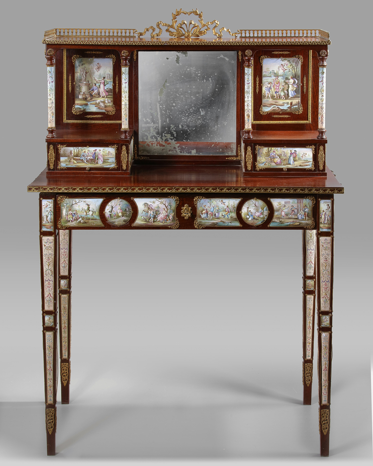 A FRENCH SECRETARY DESK WITH ENAMEL PLAQUES, LATE 19TH CENTURY