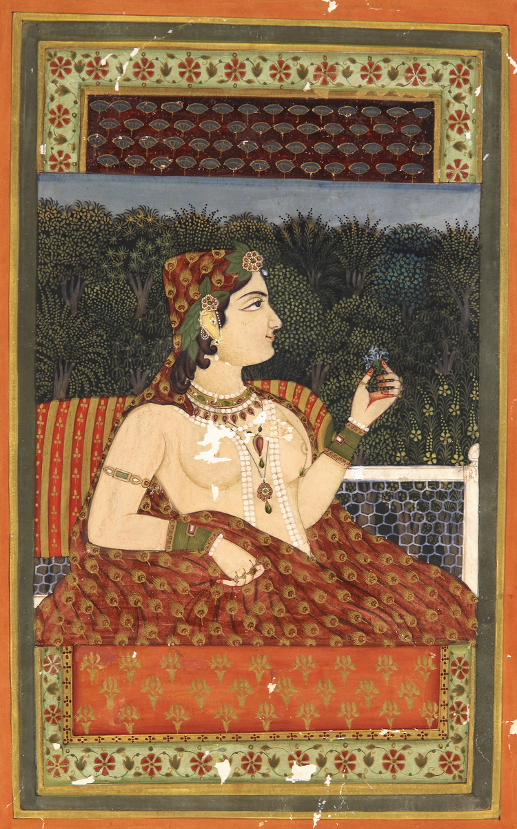 A PRINCESS SEATED ON A TERRACE OVERLOOKING THE GARDEN, RAJASTHAN, NORTH INDIA, 19TH CENTURY