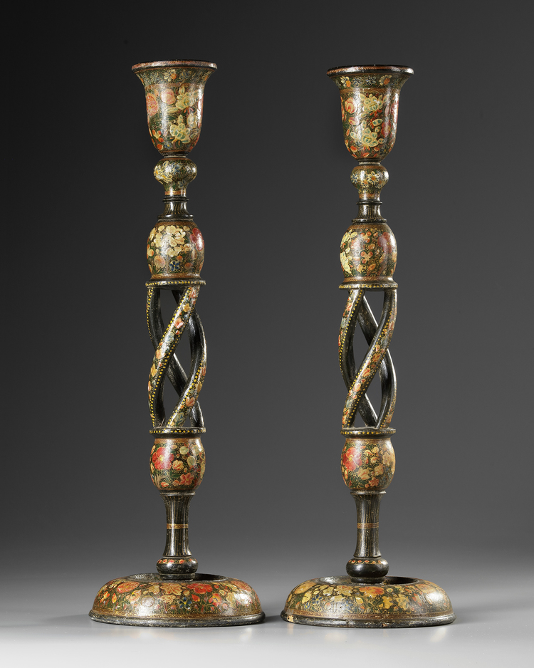 A PAIR OF KASHMIR LACQUERED WOOD CANDLESTICKS, 19TH CENTURY