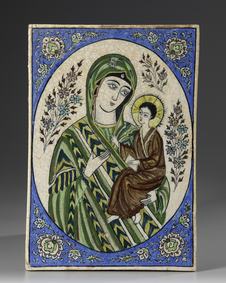 A QAJAR POTTERY TILE WITH THE VIRGIN MARY AND CHILD, POSSIBLY ISFAHAN, IRAN, LATE 19TH CENTURY