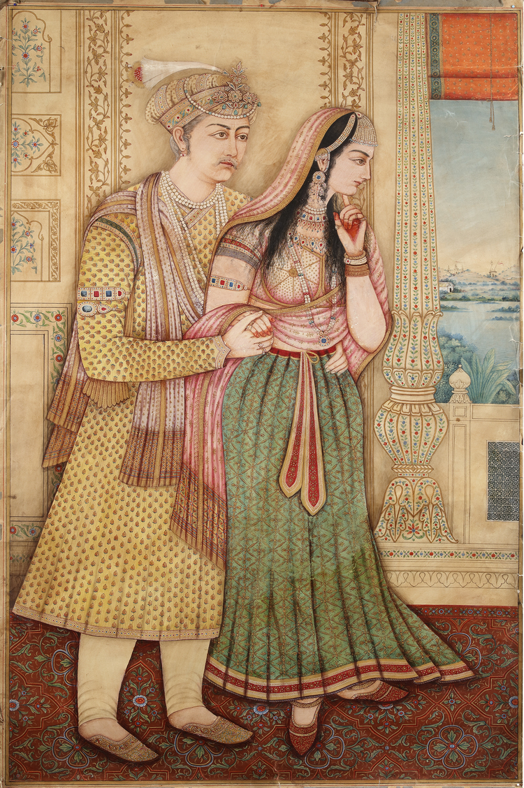 A LARGE INDIAN PORTRAIT OF AN ARISTOCRATIC COUPLE, 19TH CENTURY