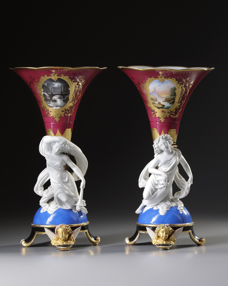 A PAIR OF FRENCH PORCELAIN AND BISCUIT VASES, 19TH CENTURY