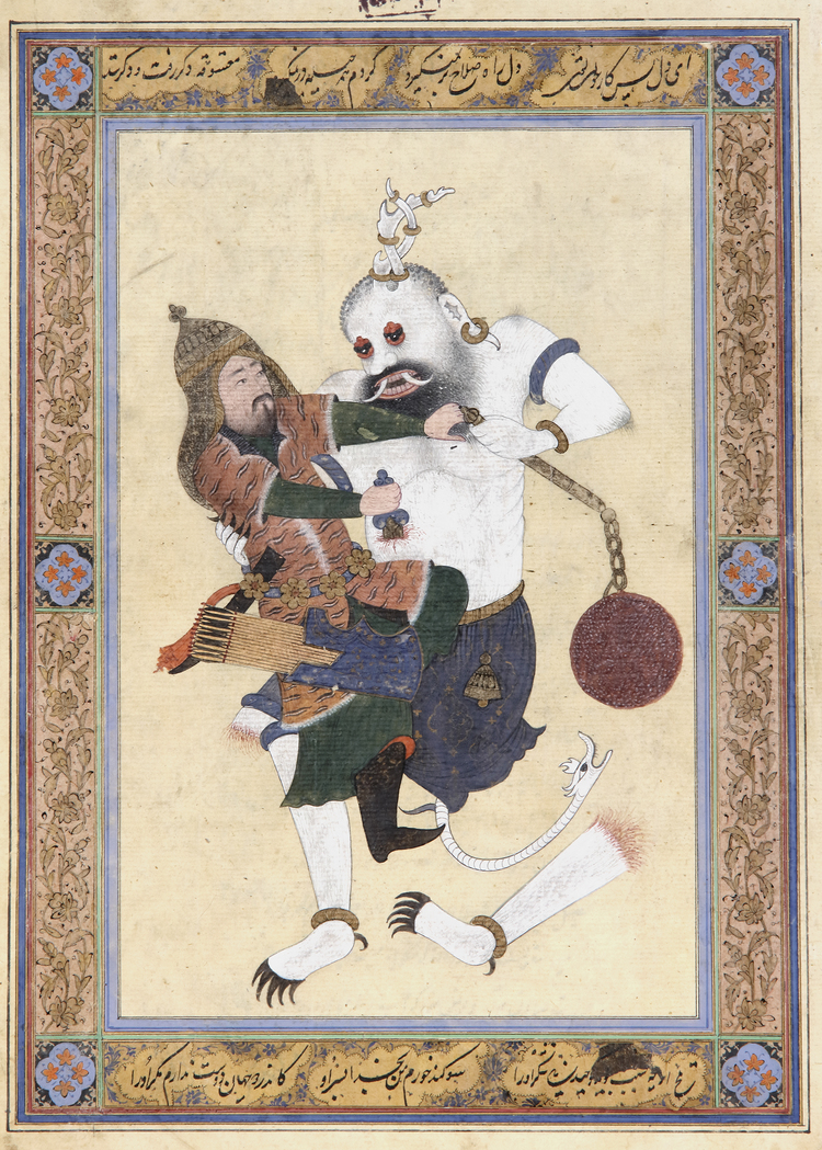 A PERSIAN MINIATURE DEPICTING A ROSTAM FIGHTIING THE DEMON, 19TH CENTURY