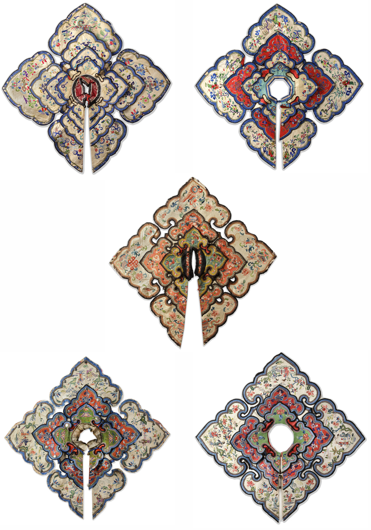 FIVE CHINESE LADIES EMBROIDERED SILK COLLARS, QING DYNASTY, CIRCA 1900