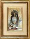 A PAINTING OF A SEATED HOLY MAN BEFORE A GIANT MOORISH STYLE VASE IN A NICHE, 1880