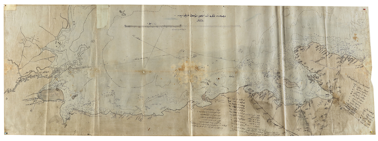 A LARGE PANORAMIC VIEW MAP SHOWING THE COASTS FROM BASRA ( SOUTH OF IRAQ ) TO QATAR DATED 1324 AH (1906 AD)