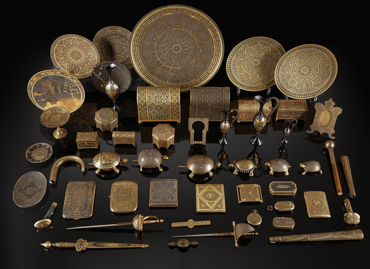 A GROUP OF FIFTY TWO TOLEDO DAMASCENED WARE ITEMS SPAIN, LATE 19TH CENTURY
