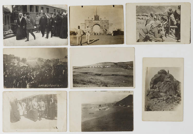 SEVEN POSTCARDS OF MECCA AND MEDINA WITH DIFFERENT SUBJECTS, JAMAL PASHA WITH SHARIF MECCA, THE OTTOMAN TRAIN, SOME POLITICIANS, ROYALS AND PILGRIM TENTS, POSSIBLY 1910s
