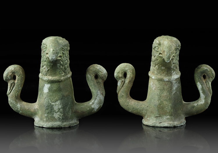 A PAIR OF ROMAN BRONZE CHARIOT OR CARPENTUM FITTINGS, 2/3 CENTURY A.D.