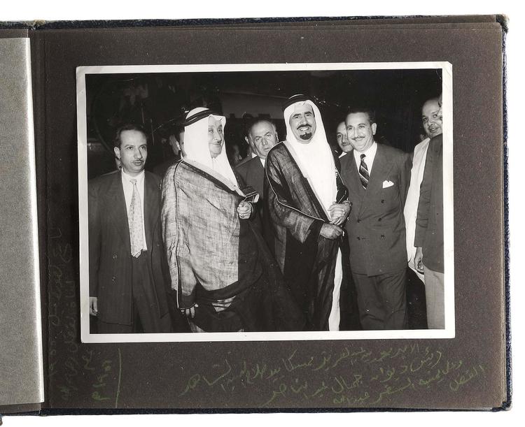 A RARE PHOTO ALBUM INCLUDING 11 ORIGINAL PHOTOS OF HIS HIGHNESS PRINCE MUHAMMAD BIN ABDUL AZIZ DURING HIS RECEPTION OR FAREWELL AT CAIRO AIRPORT, 1950s