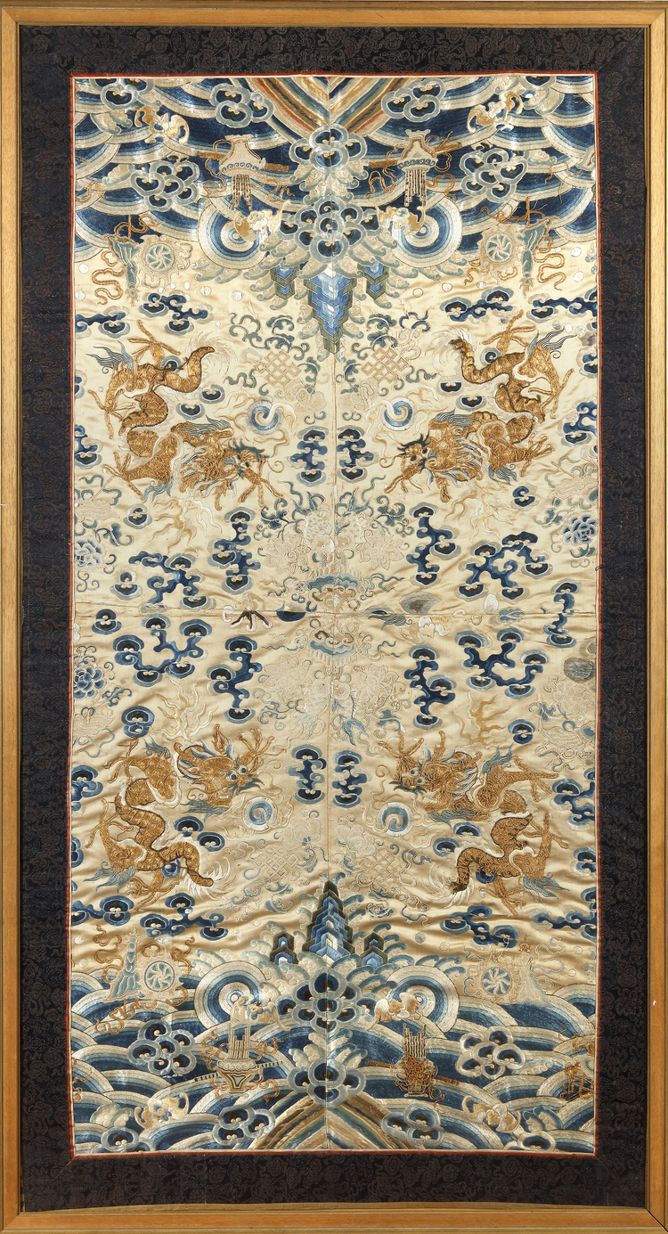 A CHINESE EMBROIDERED SILK GOLD THREAD DRAGON PANEL, 19TH CENTURY