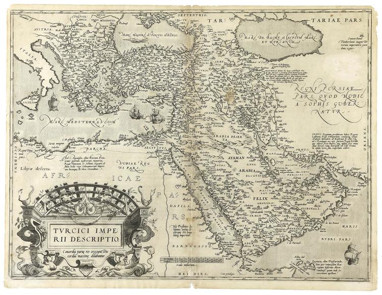 A VINTAGE ORIGINAL MAP OF THE OTTOMAN EMPIRE BORDERS INCLUDING THE ARABIA PENINSULA AND NORTH AFRICA, IN BLACK INK ON PAPER, BY ABRAHAM ORTELIUS, 1570