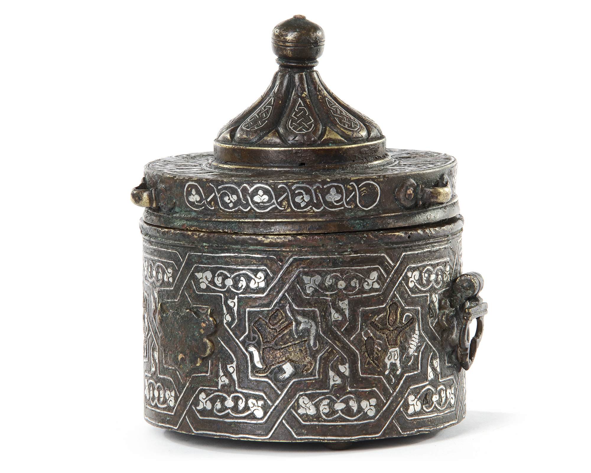 A FINE BRONZE INKWELL WITH A DOMED LID, KHORASAN, PERSIA, EARLY 13TH ...