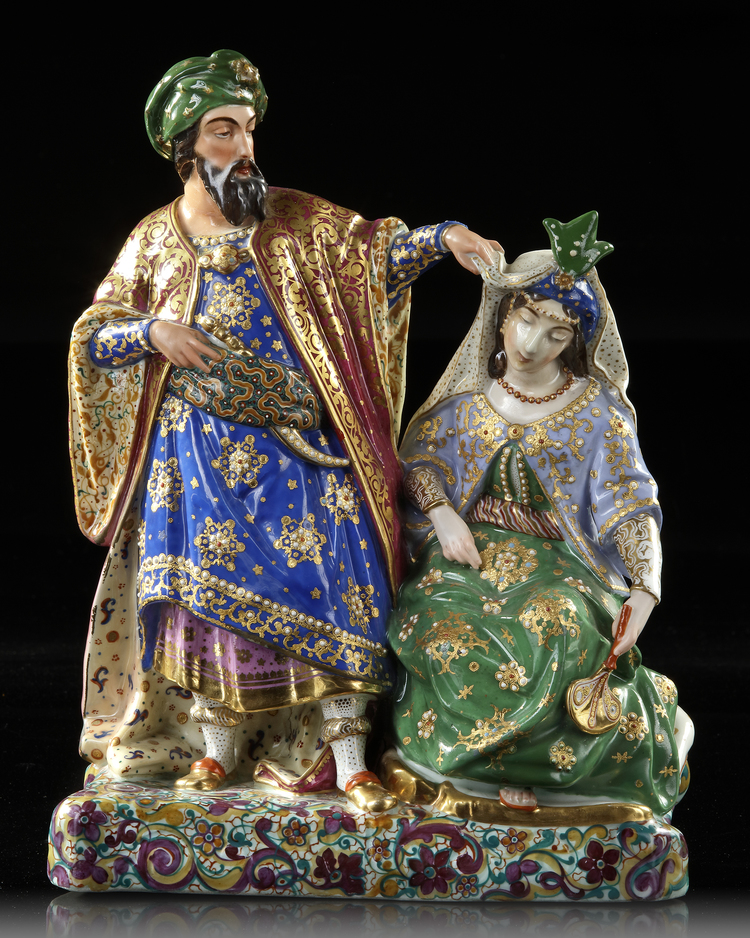 A PARIS PORCELAIN GROUP OF AN ORIENTAL MAN AND COMPANION, MID-19TH CENTURY, IN THE JACOB PETIT STYLE