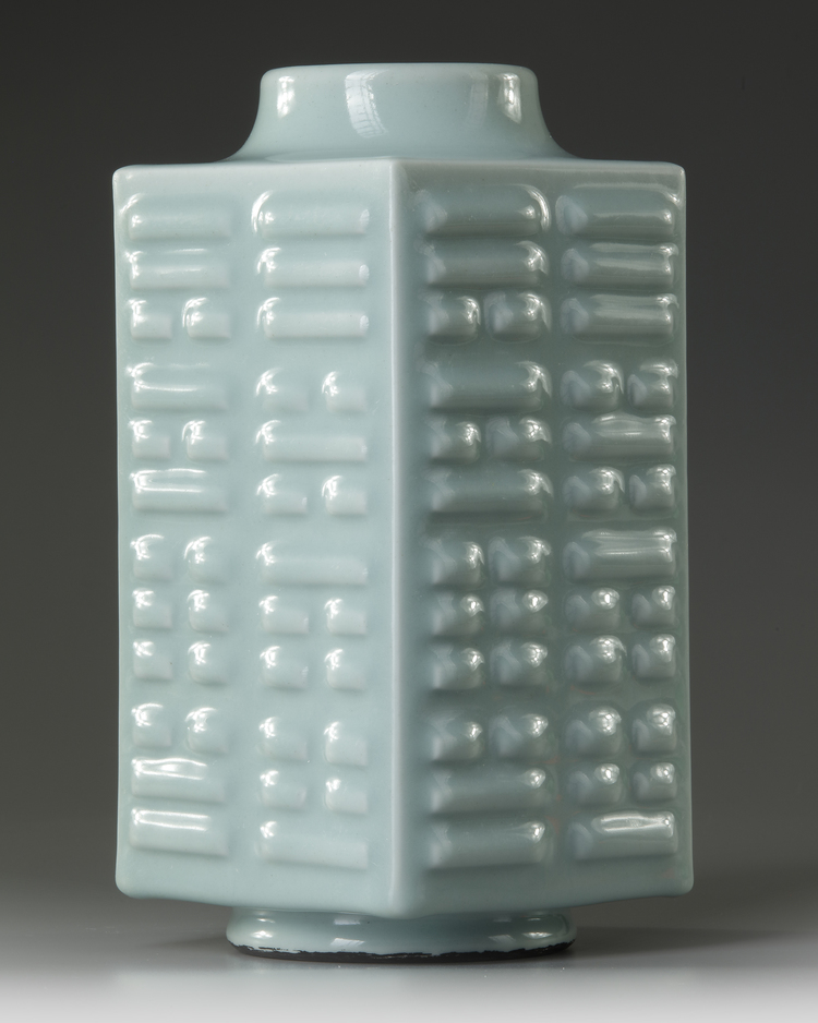 A CHINESE CELADON-GLAZED CONG-FORM VASE,  XUANTONG SIX-CHARACTER MARK IN UNDERGLAZE BLUE AND OF THE PERIOD (1908-1911)