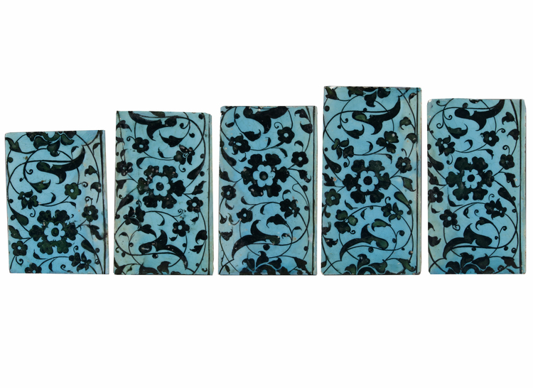 FIVE BLACK AND TURQUOISE 'DOME OF THE ROCK' POTTERY TILES, JERUSALEM, SECOND HALF 16TH CENTURY