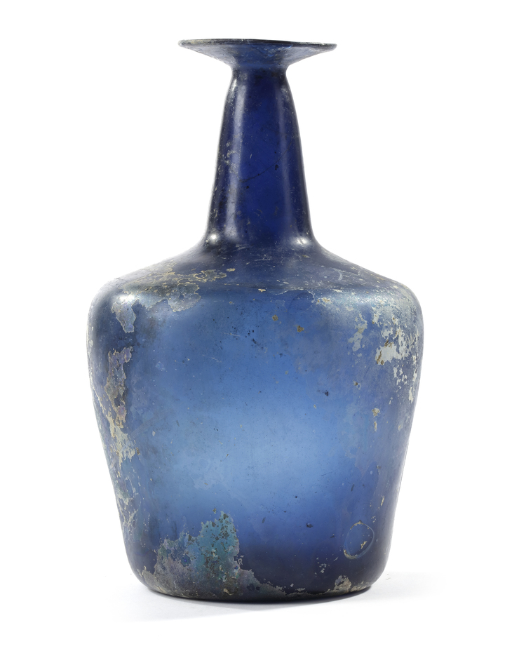 A LARGE NISHAPUR BLUE GLASS BOTTLE, PERSIA, 10TH CENTURY