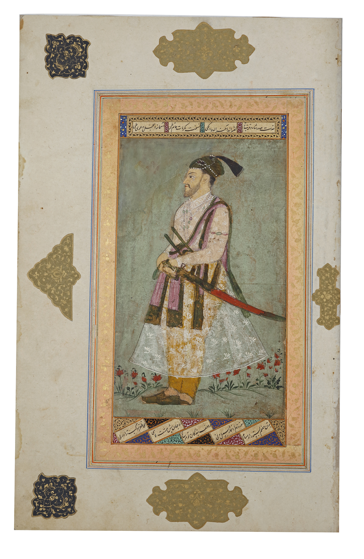 A MUGHAL EMPEROR STANDING IN A LANDSCAPE, 19TH CENTURY