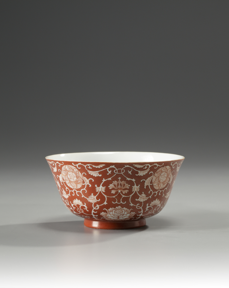 A Chinese coral-red ground bowl