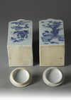 A Pair of Blue and White Square Jars with Cover