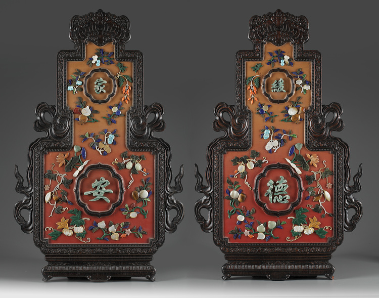 A pair of Chinese hardstone-embellished hardwood-veneered double-gourd-shaped wall panels