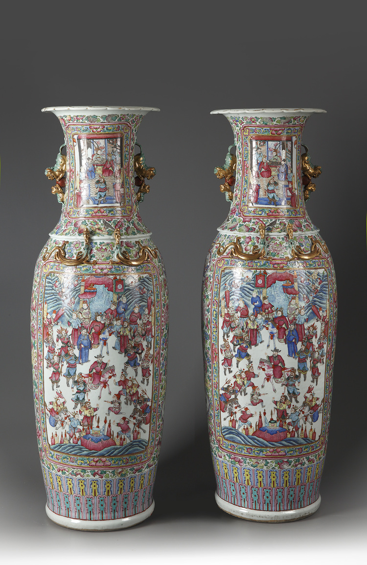 A Massive Pair of Famille Rose Cantonese Vases